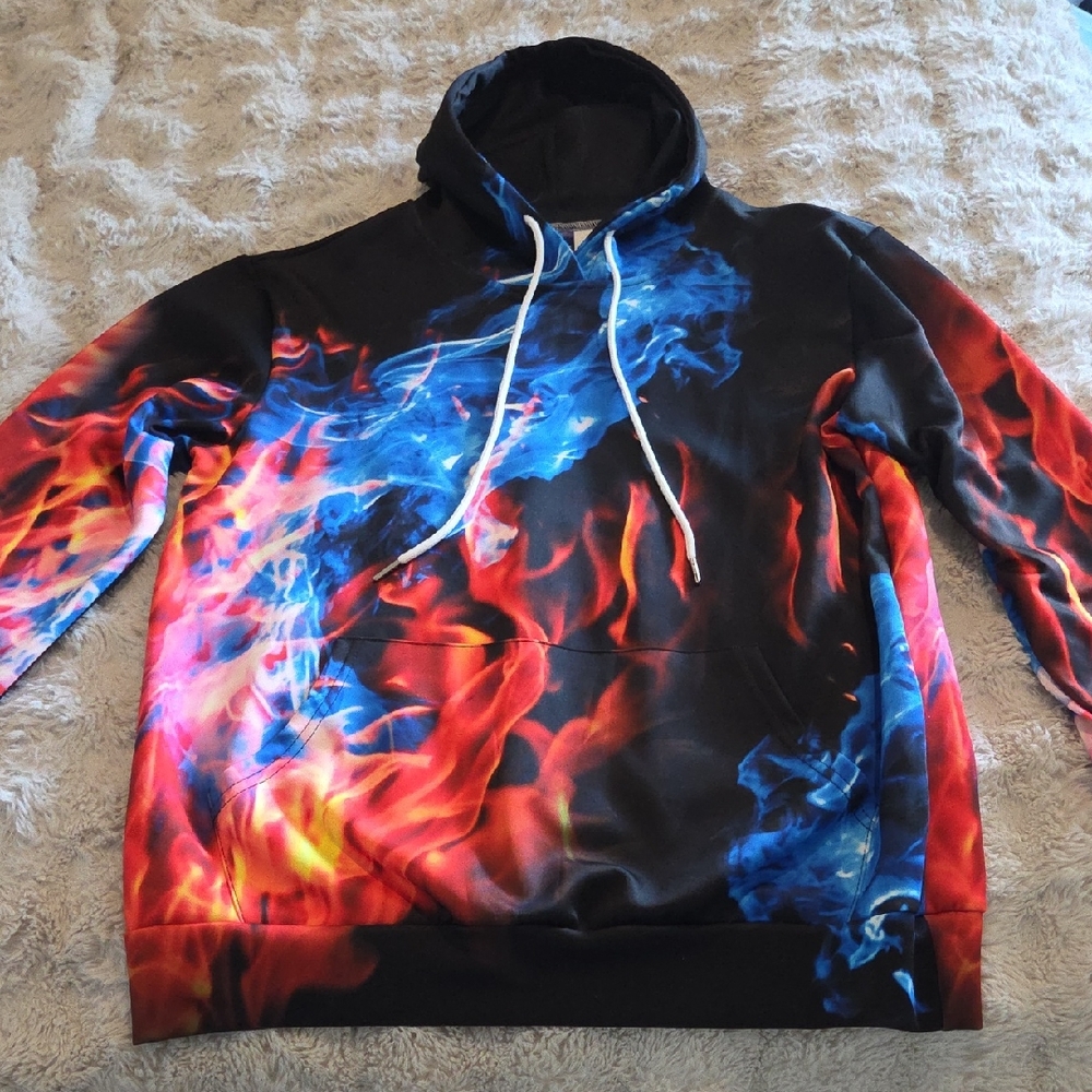 New Men's Large Flame Print Hoodie Sweatshirt - Black with Red & Blue Flames